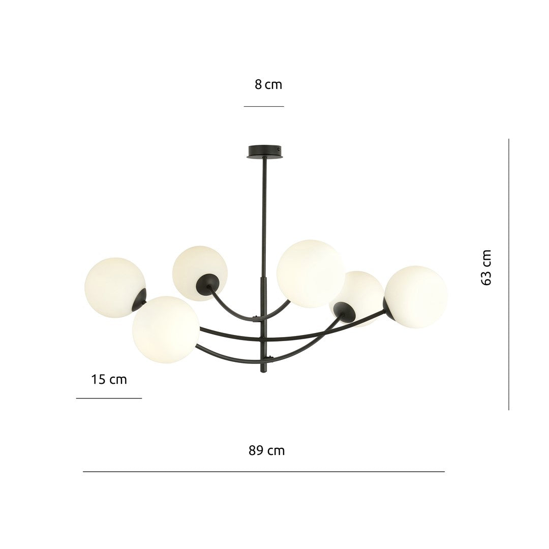 Plafondlamp gepoedercoat staal en glas Hunter 6 lichtpunten, modern, zwart met wit glas – 89 x 63 cm