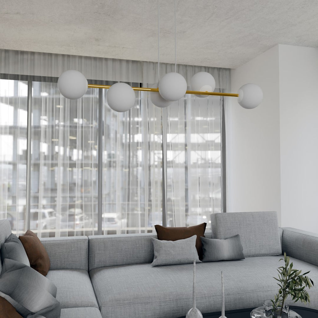 Hanglamp Gravity gepoedercoat staal en glas wit met goud, 6 lichtpunten, 110 x 100 cm, eettafel en woonkamer