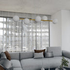 Hanglamp Gravity gepoedercoat staal en glas wit met goud, 6 lichtpunten, 110 x 100 cm, eettafel en woonkamer