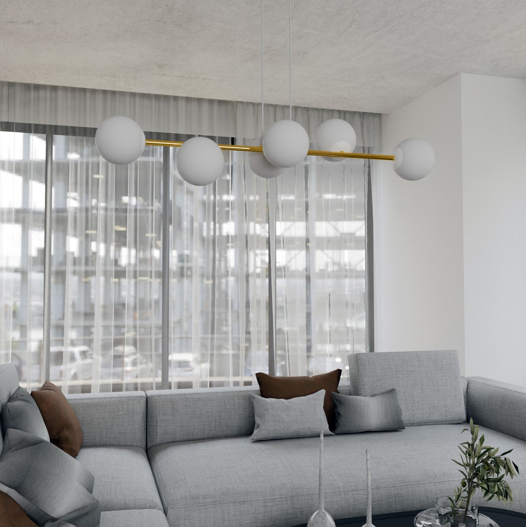 Hanglamp Gravity gepoedercoat staal en glas wit met goud, 6 lichtpunten, 110 x 100 cm, eettafel en woonkamer