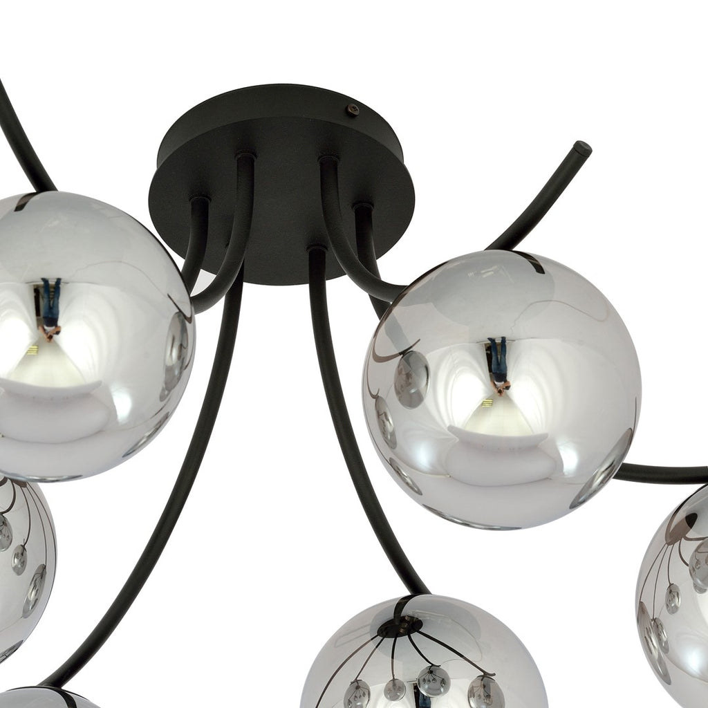 Plafondlamp gepoedercoat staal en glas Boston, zwart met grafiet kappen, 6 lichts, 70 cm breed, woonkamer