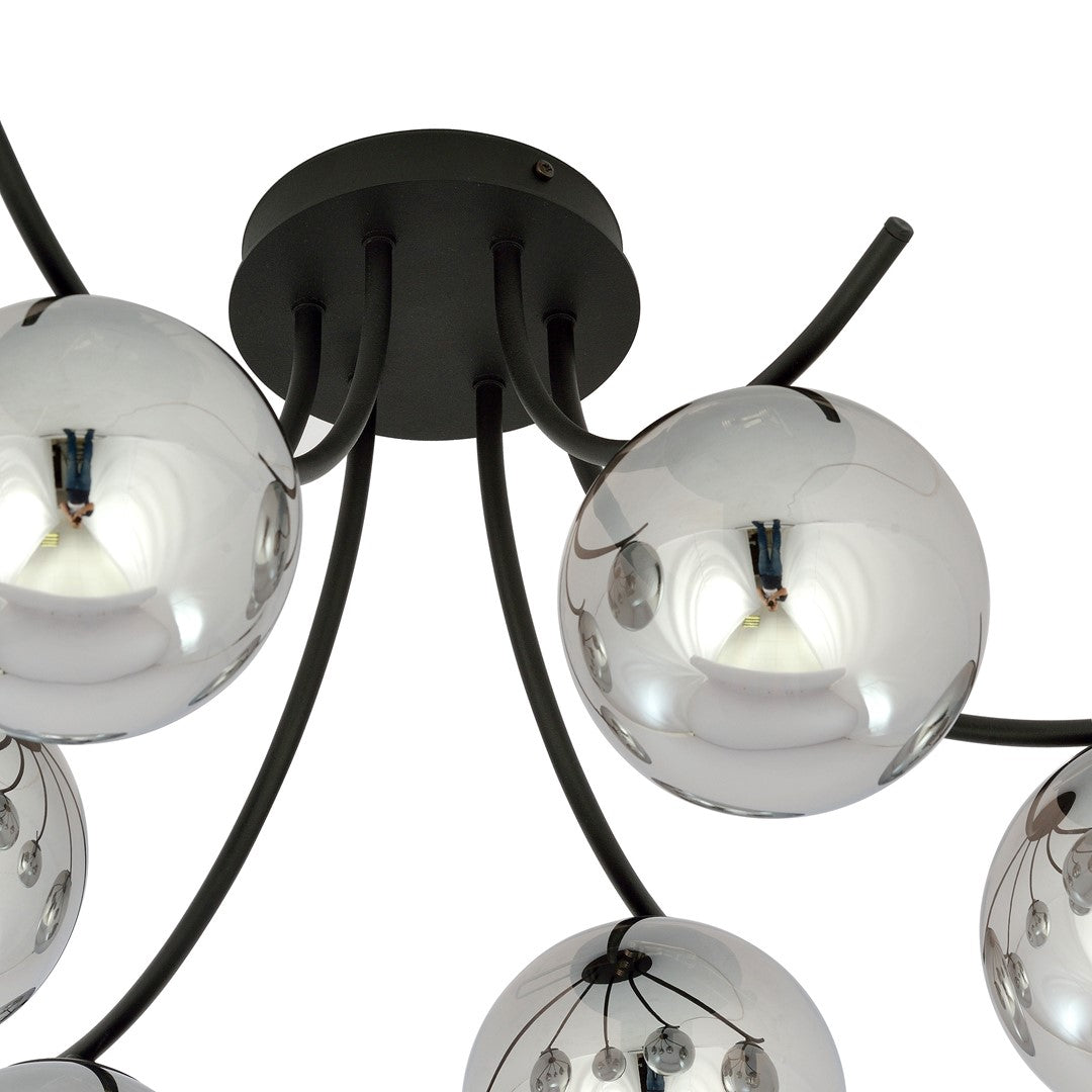 Plafondlamp gepoedercoat staal en glas Boston, zwart met grafiet kappen, 6 lichts, 70 cm breed, woonkamer