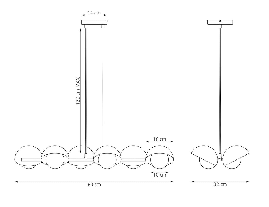 Hanglamp gepoedercoat staal Scandinavisch mokka met 6 witte halfbolkappen, G9, 88 x 32 cm, eettafel
