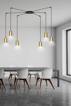 Hanglamp gepoedercoat staal modern Traker zwart met goud, 6 fittingen, verstelbare hoogte