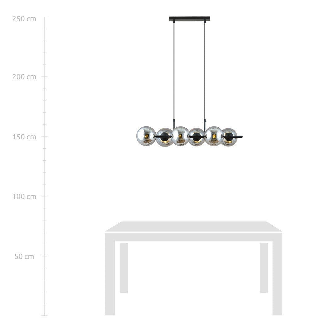 Hanglamp gepoedercoat staal en glas Rory grafiet, zwart, 6 lichts, 95 x 110 cm, eettafel en kookeiland