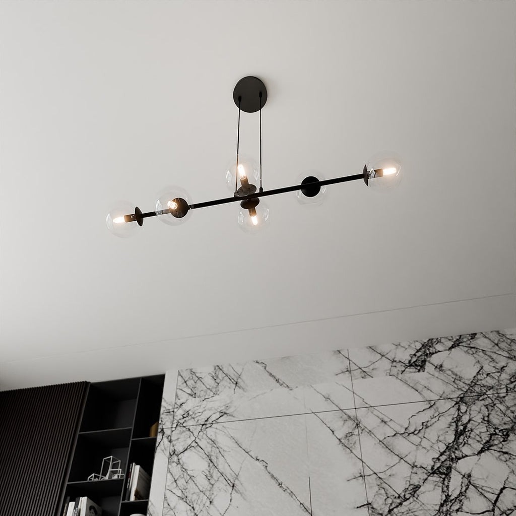 Hanglamp Rossi staal en glas, modern, zwart met transparante kappen, 110 x 100 cm, 6 lichtpunten, eettafel en zithoek