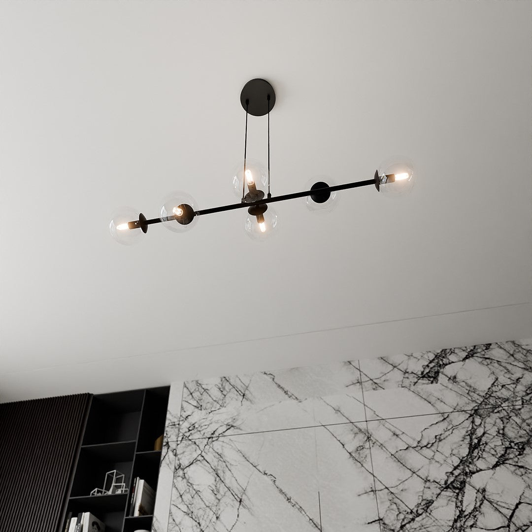 Hanglamp Rossi staal en glas, modern, zwart met transparante kappen, 110 x 100 cm, 6 lichtpunten, eettafel en zithoek