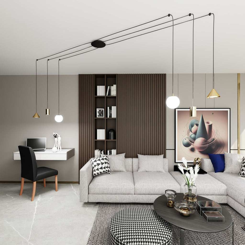 Hanglamp spider gepoedercoat staal modern goud en zwart, Fuji 6 lichts, verstelbare hoogte