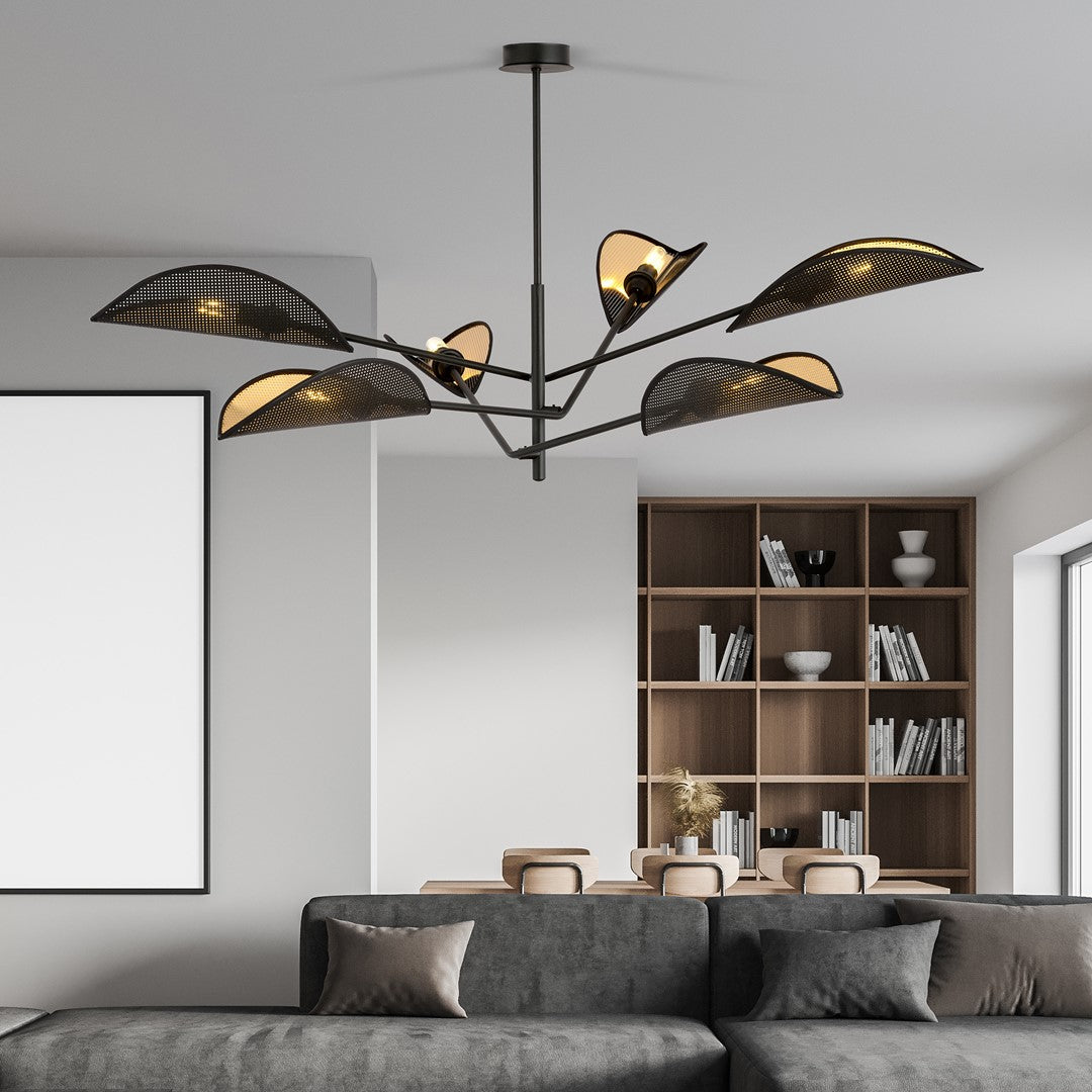 Plafondlamp gepoedercoat staal Vene zwart en goud 102 x 51 cm, 6 fittingen E14, woonkamer en slaapkamer