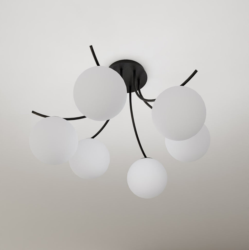 Plafondlamp Boston gepoedercoat staal en glas, zwart met witte kappen, 6 lichts, 70 x 37 cm