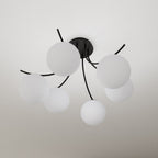 Plafondlamp Boston gepoedercoat staal en glas, zwart met witte kappen, 6 lichts, 70 x 37 cm