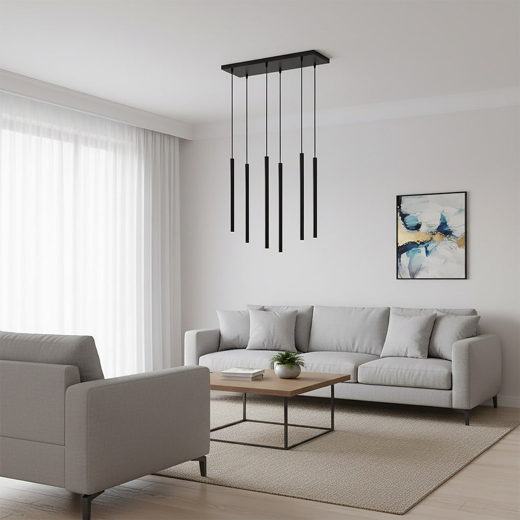 Hanglamp staal minimalistisch Selter 6 zwart, 6 lichtpunten G9 – 59 x 120 cm, woonkamer en eetkamer