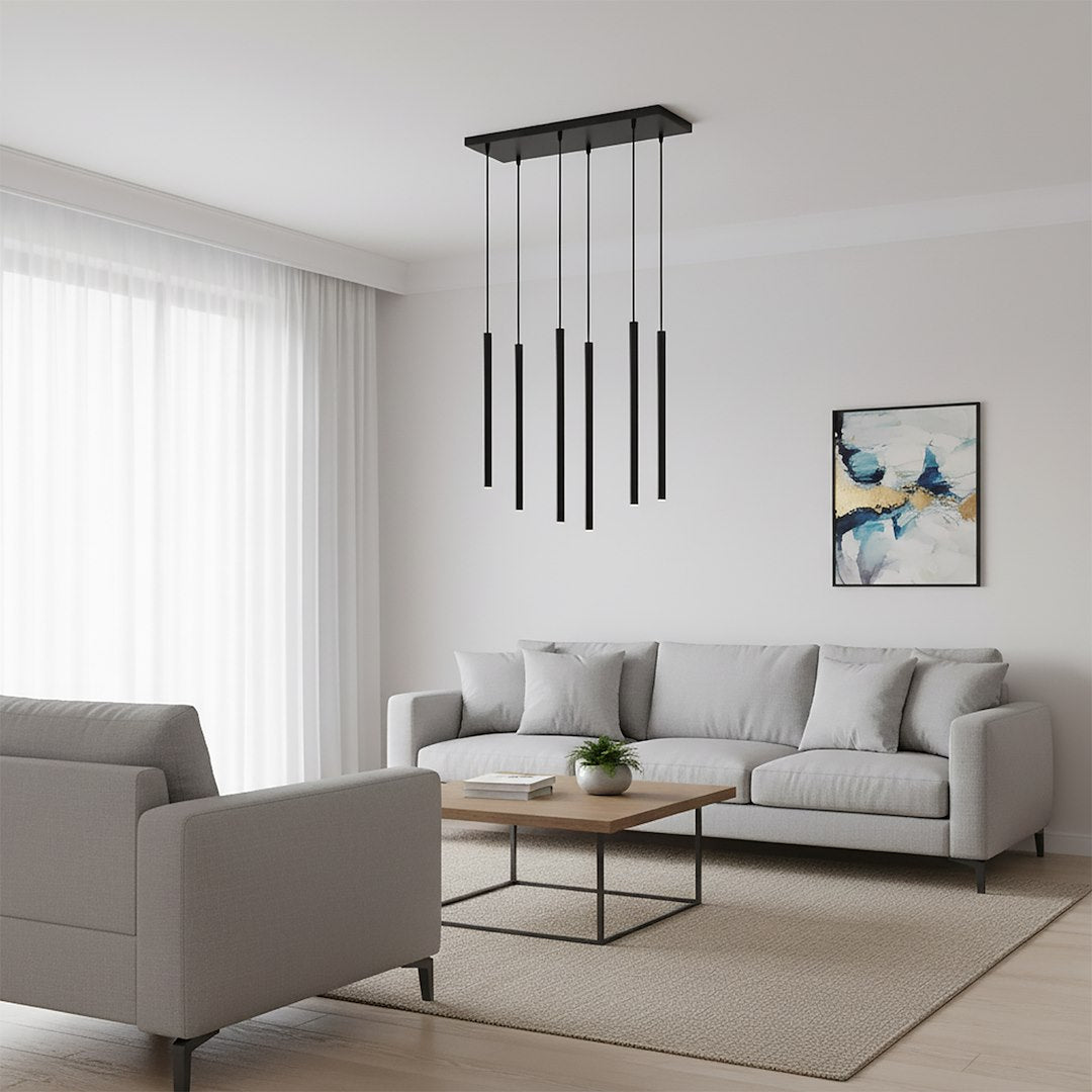 Hanglamp staal minimalistisch Selter 6 zwart, 6 lichtpunten G9 – 59 x 120 cm, woonkamer en eetkamer