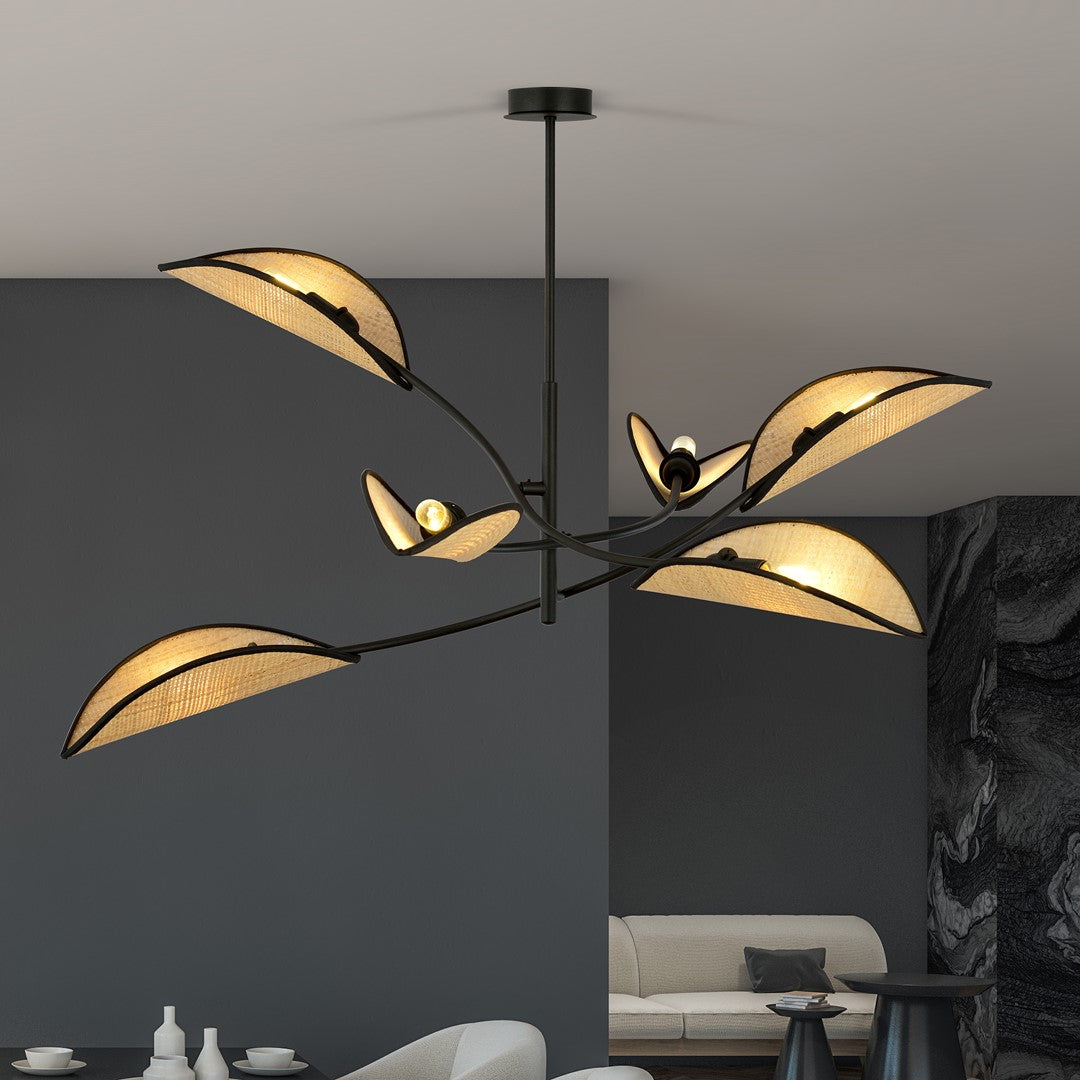 Plafondlamp Lotus gepoedercoat staal en rotan, boho, zwart met naturel kappen, 6 lichtpunten, 102 x 51 cm