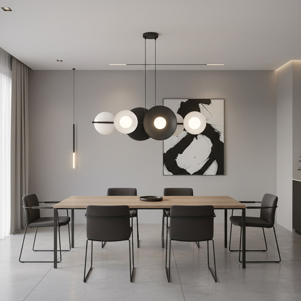 Hanglamp gepoedercoat staal minimalistisch zwart met witte kappen, 6 lichtpunten, 100 x 23 cm, eettafel en keukeneiland