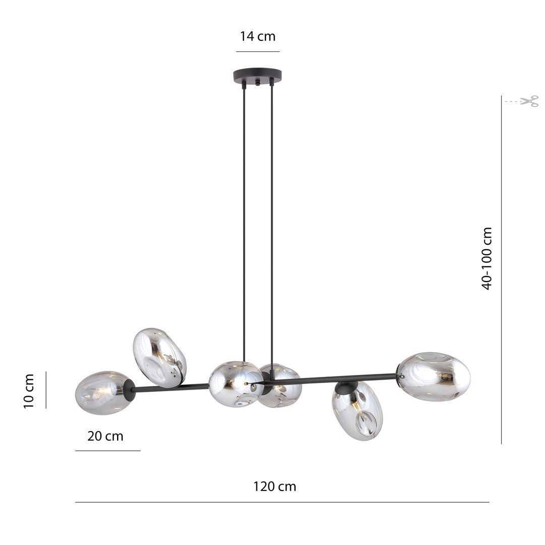 Hanglamp gepoedercoat staal en glas Pandora, zwart met grafiet kappen, 6 lichtpunten, 120 x 100 cm