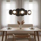 Hanglamp gepoedercoat staal modern zwart met 6 witte kapjes, 87 x 23 x 120 cm, boven eettafel of kookeiland