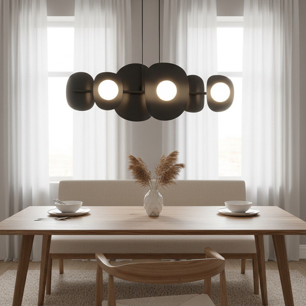 Hanglamp gepoedercoat staal modern zwart met 6 witte kapjes, 87 x 23 x 120 cm, boven eettafel of kookeiland