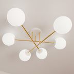 Plafondlamp gepoedercoat staal en glas Magnum, wit en goud, 6 lichts, 75 cm breed, woonkamer en eettafel
