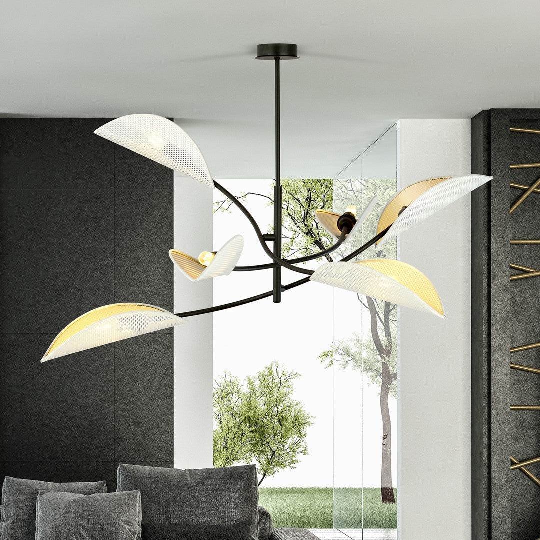Plafondlamp 6 lichts gepoedercoat staal Lotus, zwart met wit en goud – 102 x 51 cm, woonkamer en slaapkamer