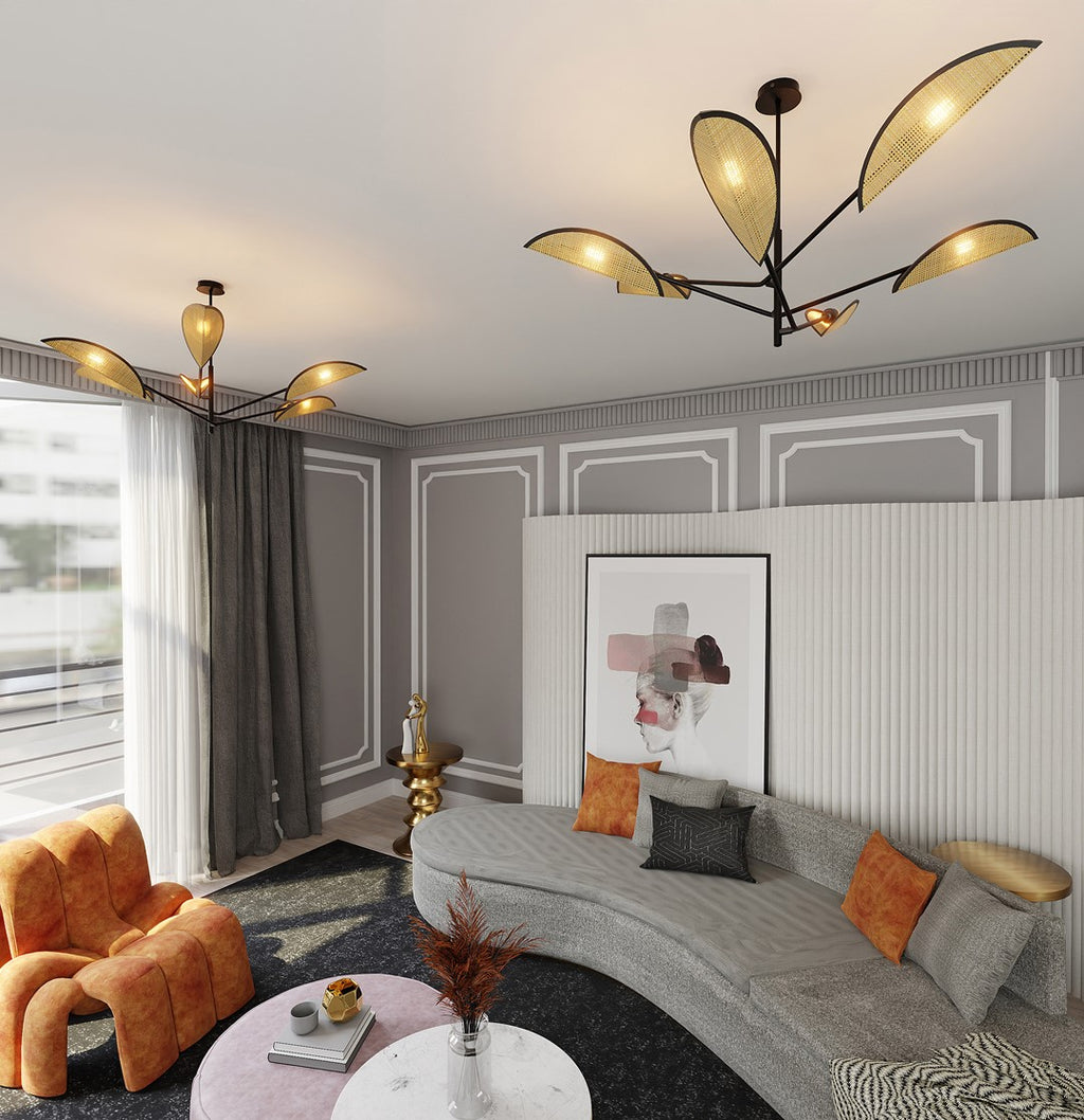 Plafondlamp gepoedercoat staal en rotan Vene, zwart met bruine kappen, 6 lichtpunten – 102 x 51 cm, woonkamer en slaapkamer