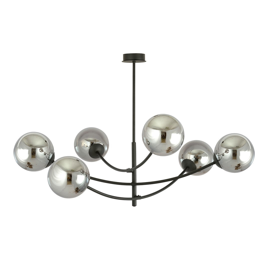 Plafondlamp gepoedercoat staal en glas Hunter zwart, grafiet kappen, 6 lichtpunten, 89 x 63 cm, eettafel of keukeneiland