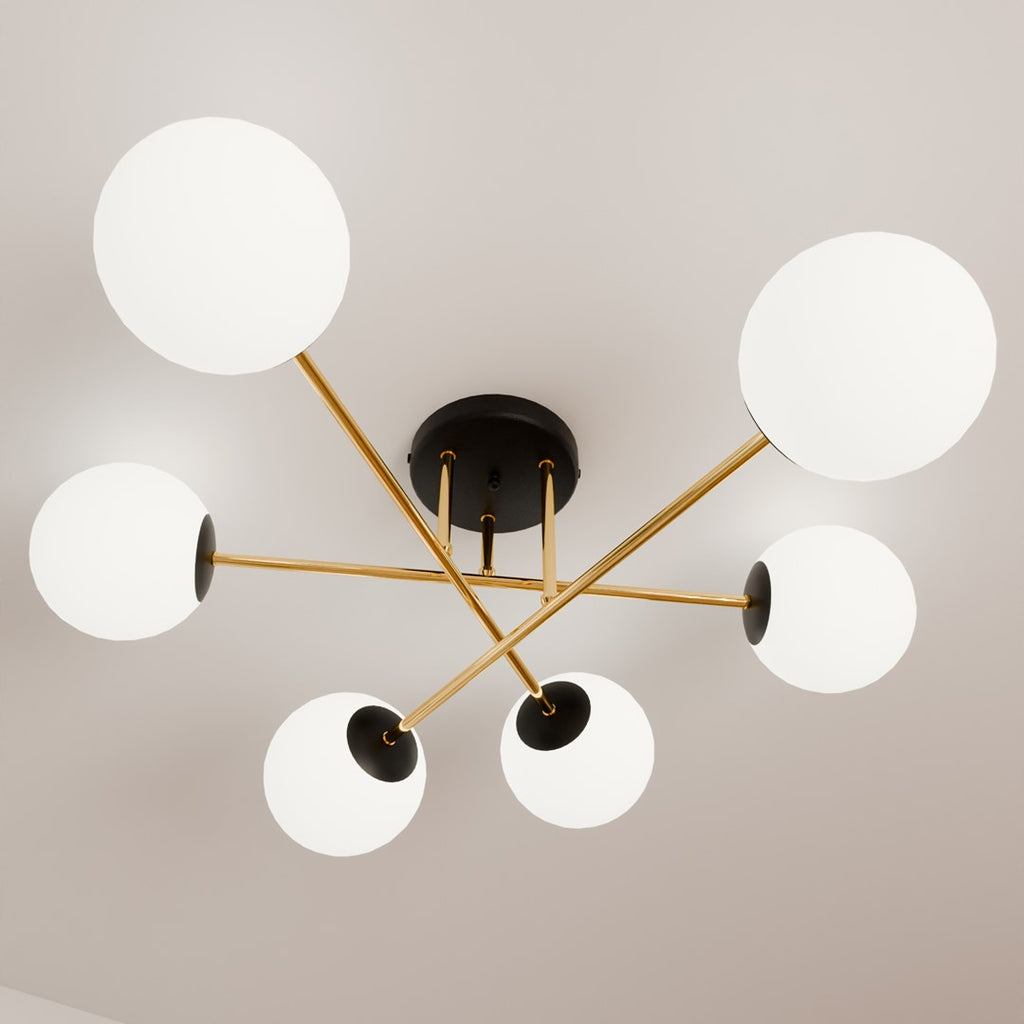 Plafondlamp 6 lichts glas en gepoedercoat staal, glamour zwart en goud met witte kappen, 75 cm breed