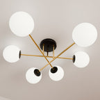 Plafondlamp 6 lichts glas en gepoedercoat staal, glamour zwart en goud met witte kappen, 75 cm breed