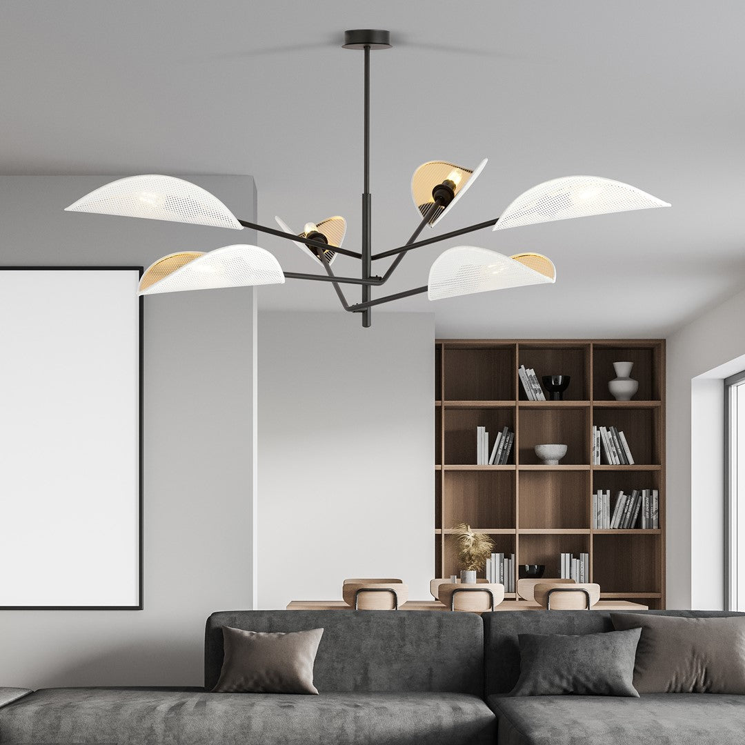 Plafondlamp gepoedercoat staal Vene wit en goud, 6 lichts, bladvormige kappen, woonkamer en slaapkamer