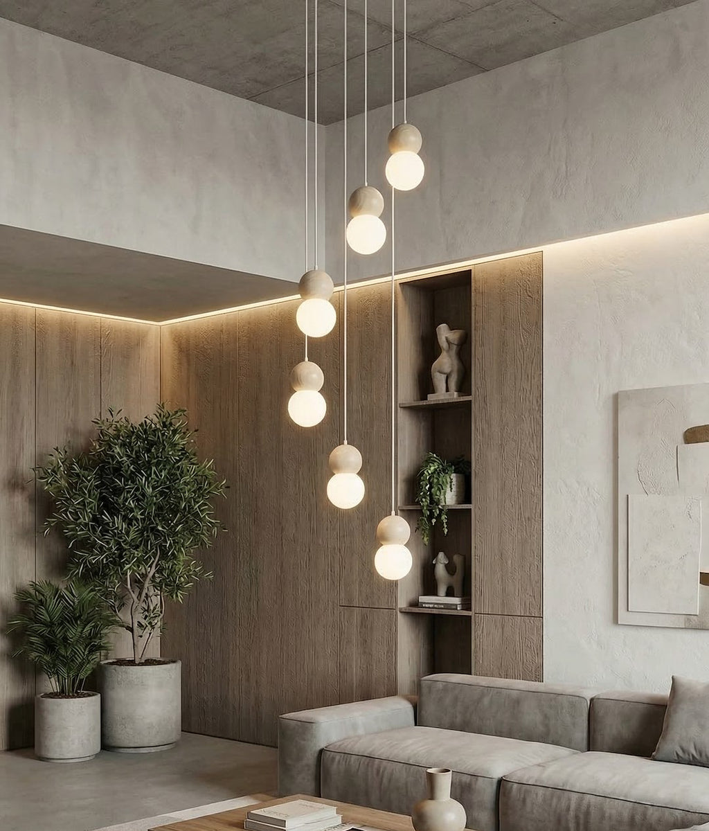 Hanglamp gepoedercoat staal en hout, Scandinavisch Loop wit, Ø 33 cm, 6 lichts, voor eetkamer of keukeneiland