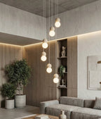 Hanglamp gepoedercoat staal en hout, Scandinavisch Loop wit, Ø 33 cm, 6 lichts, voor eetkamer of keukeneiland
