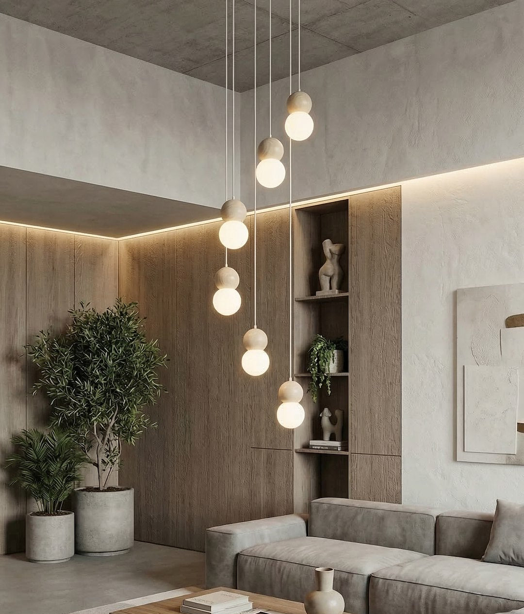 Hanglamp gepoedercoat staal en hout, Scandinavisch Loop wit, Ø 33 cm, 6 lichts, voor eetkamer of keukeneiland