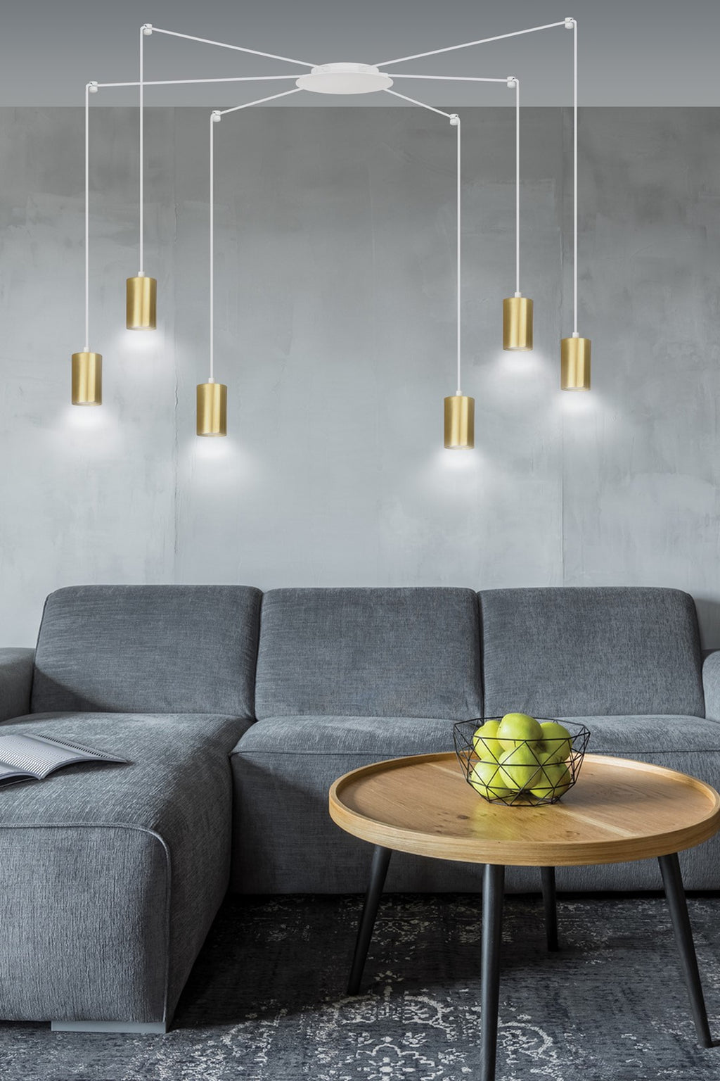 Hanglamp gepoedercoat staal Traker 6 lichts, wit met goud, modern, 6 GU10-fittingen, verstelbare hoogte