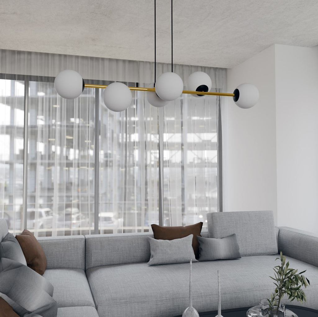 Hanglamp gepoedercoat staal en glas Gravity, zwart met goud en witte glazen kappen, 6 lichts, 110 cm breed