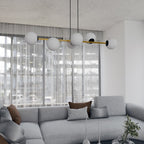 Hanglamp gepoedercoat staal en glas Gravity, zwart met goud en witte glazen kappen, 6 lichts, 110 cm breed