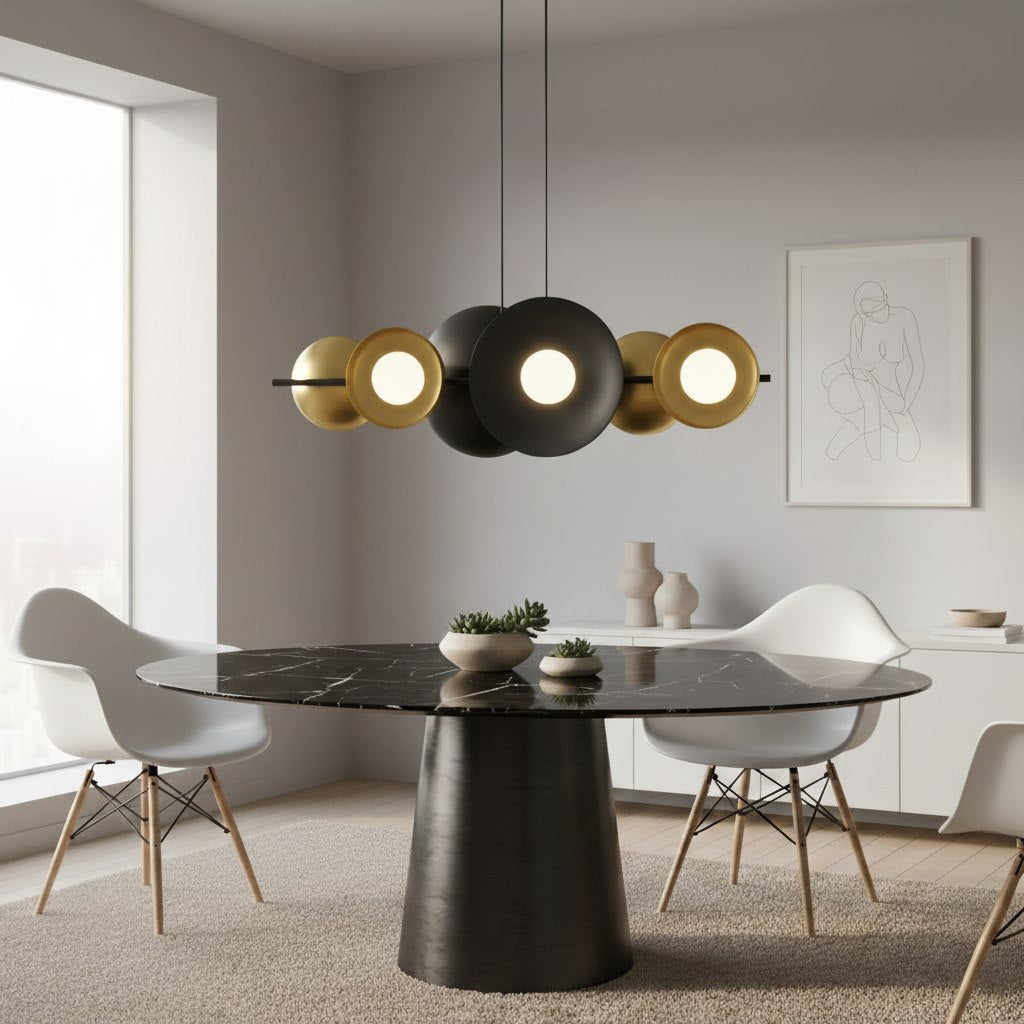 Hanglamp gepoedercoat staal Volume zwart met goud, 6 lichtpunten G9, 100 cm breed, voor boven eettafel