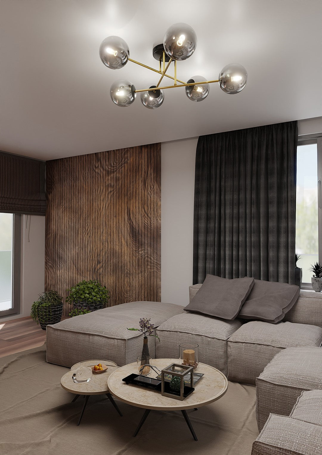 Plafondlamp gepoedercoat staal en glas Magnum glamour, grafiet en goud, 55 x 23 cm, voor eettafel of hal