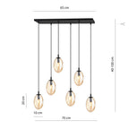 Hanglamp 6 lichtpunten gepoedercoat staal en glas, modern, zwart met amberkleurig glas, 70 cm breed