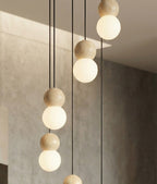 Hanglamp gepoedercoat staal en hout Loop, Scandinavisch zwart, 6 fittingen G9, witte kap Ø 10 cm, eettafel