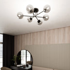 Plafondlamp gepoedercoat staal en glas Roma, zwart met grafiet glazen kappen, 6 lichts E14, 75 cm breed