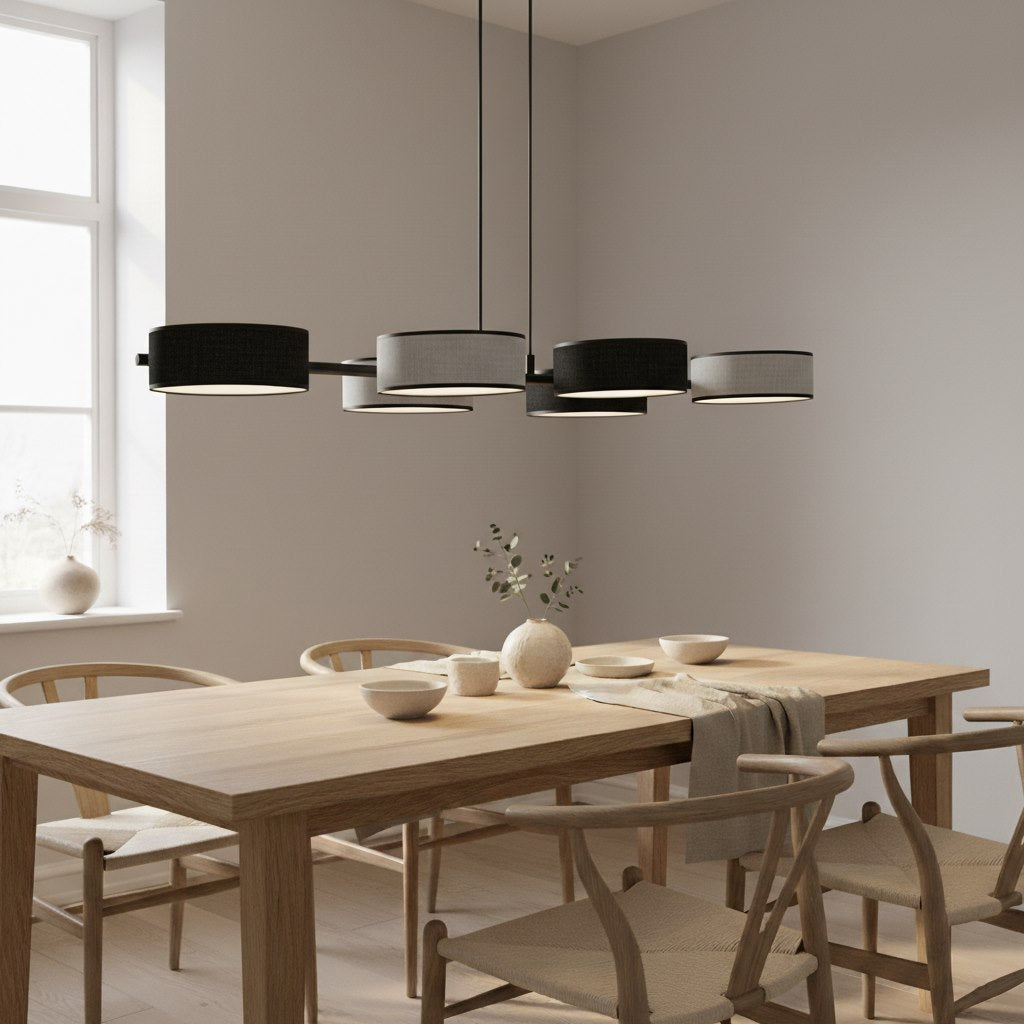 Hanglamp gepoedercoat staal Japandi zwart en grijs, 6 lichts met kappen Ø 20 cm, eettafel