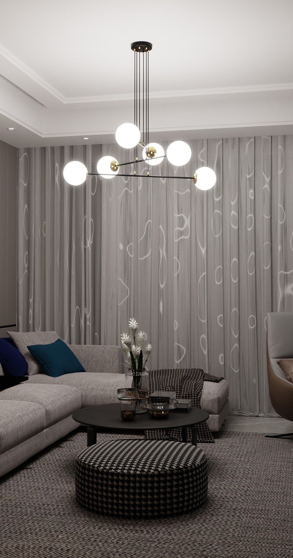 Hanglamp gepoedercoat staal en glas Ognis, zwart met witte glazen kappen, 6 lichtpunten, E27, eettafel en hal