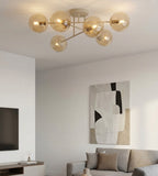 Plafondlamp gepoedercoat staal en glas Roma 6 modern, beige met amber glazen kappen, 6 lichtpunten E14 voor woonkamer