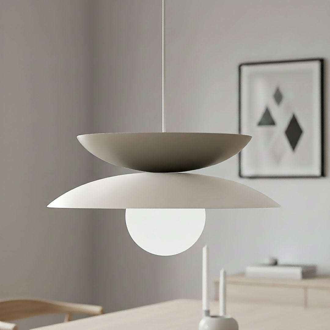 Hanglamp gepoedercoat staal en glas, Scandinavisch Nagoya, beige en wit, 41 x 41 cm, voor eettafel en slaapkamer