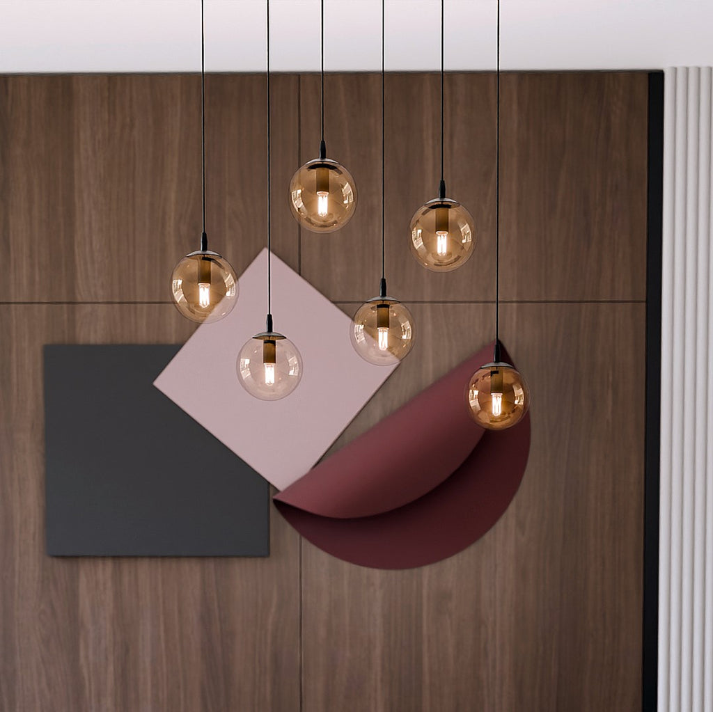 Hanglamp 6 lichts gepoedercoat staal en glas, Cosmo modern, zwart met amberkleurige kappen, 65 x 120 cm