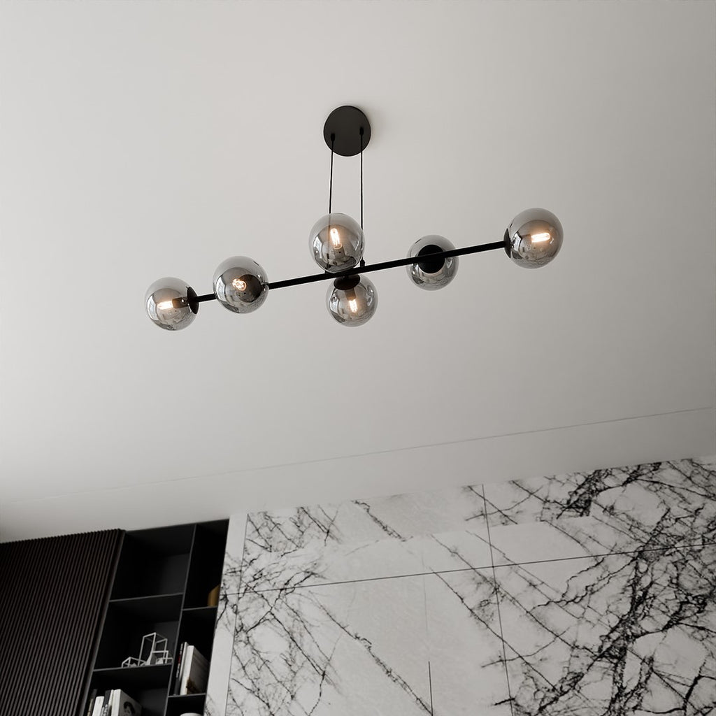 Hanglamp staal en glas Rossi zwart met grafiet glazen kappen 110 cm, 6 lichts, voor eettafel en woonkamer