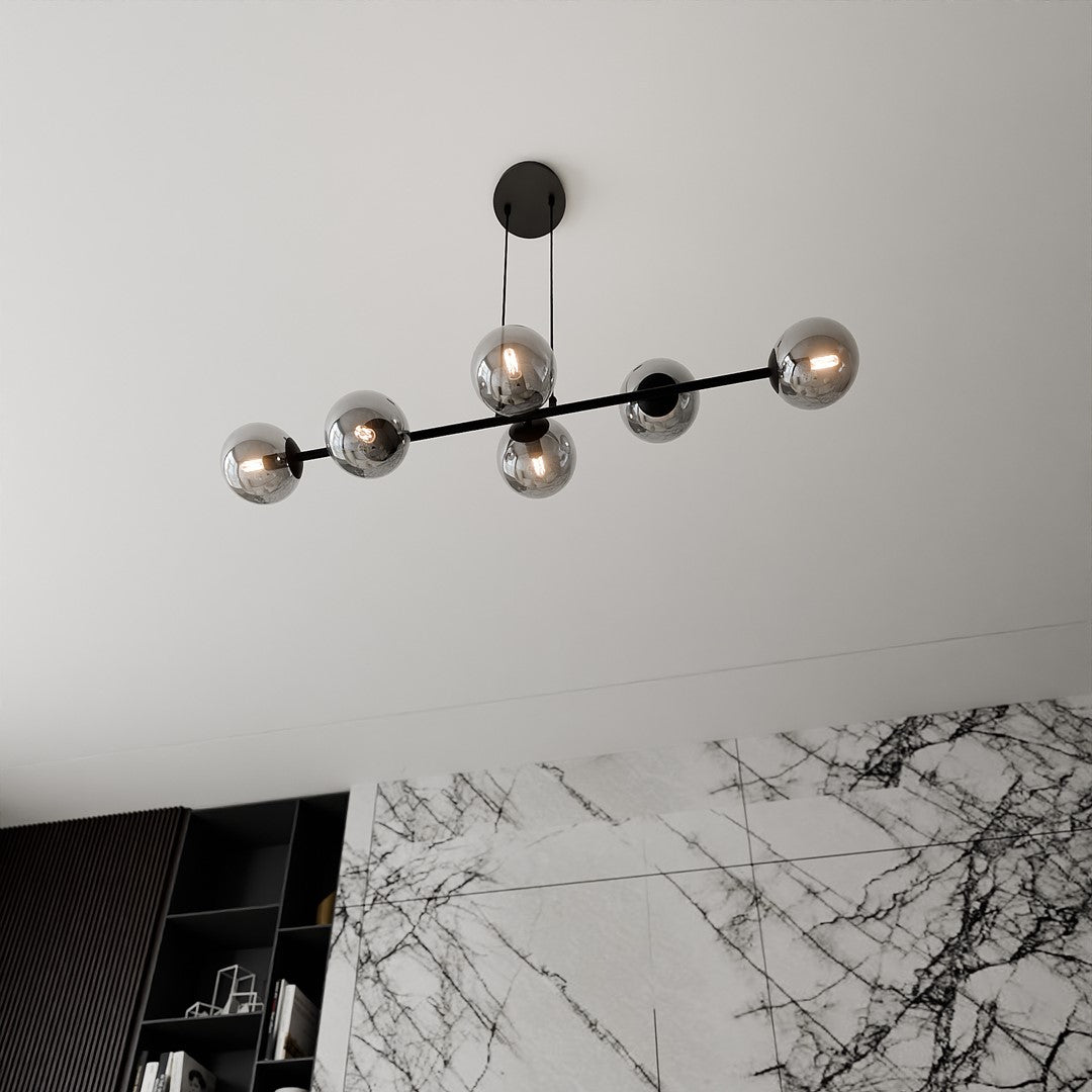 Hanglamp staal en glas Rossi zwart met grafiet glazen kappen 110 cm, 6 lichts, voor eettafel en woonkamer