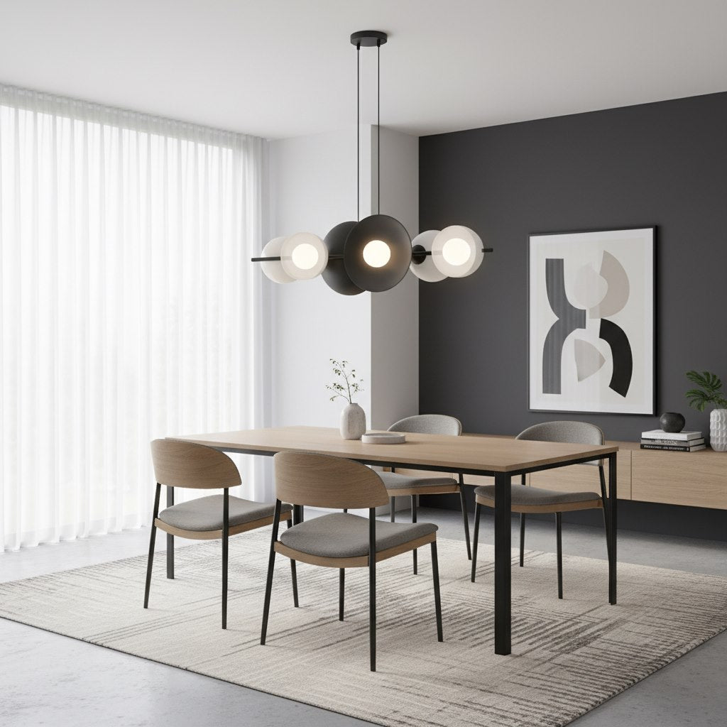 Hanglamp gepoedercoat staal minimalistisch zwart met witte kappen, 6 lichtpunten, 100 x 23 cm, eettafel en keukeneiland