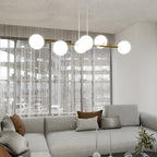 Hanglamp Gravity gepoedercoat staal en glas wit met goud, 6 lichtpunten, 110 x 100 cm, eettafel en woonkamer