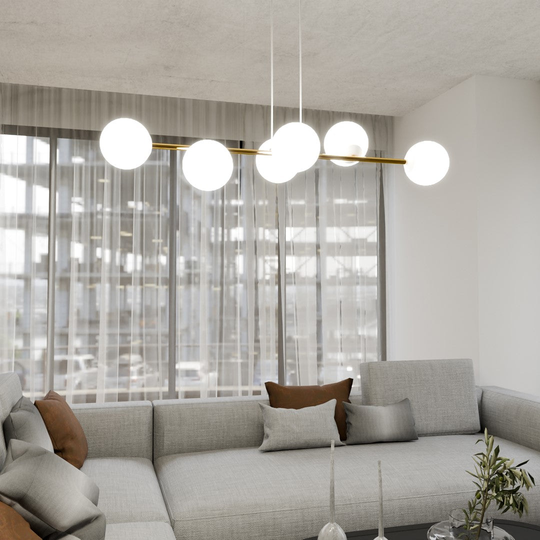 Hanglamp Gravity gepoedercoat staal en glas wit met goud, 6 lichtpunten, 110 x 100 cm, eettafel en woonkamer